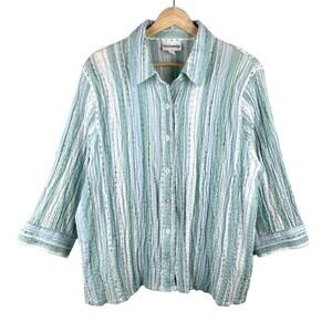 y2k Blue Striped Seersucker Top Button Up Shirt Womens L Summer Coastal Grandma